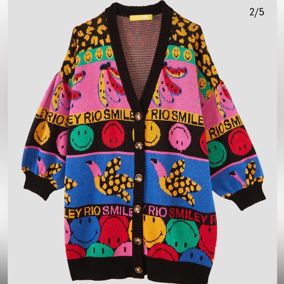 Farm Rio -Smile Graphic Ekements Ainik Cardigan-Size: SMALL-Color: Multi Color